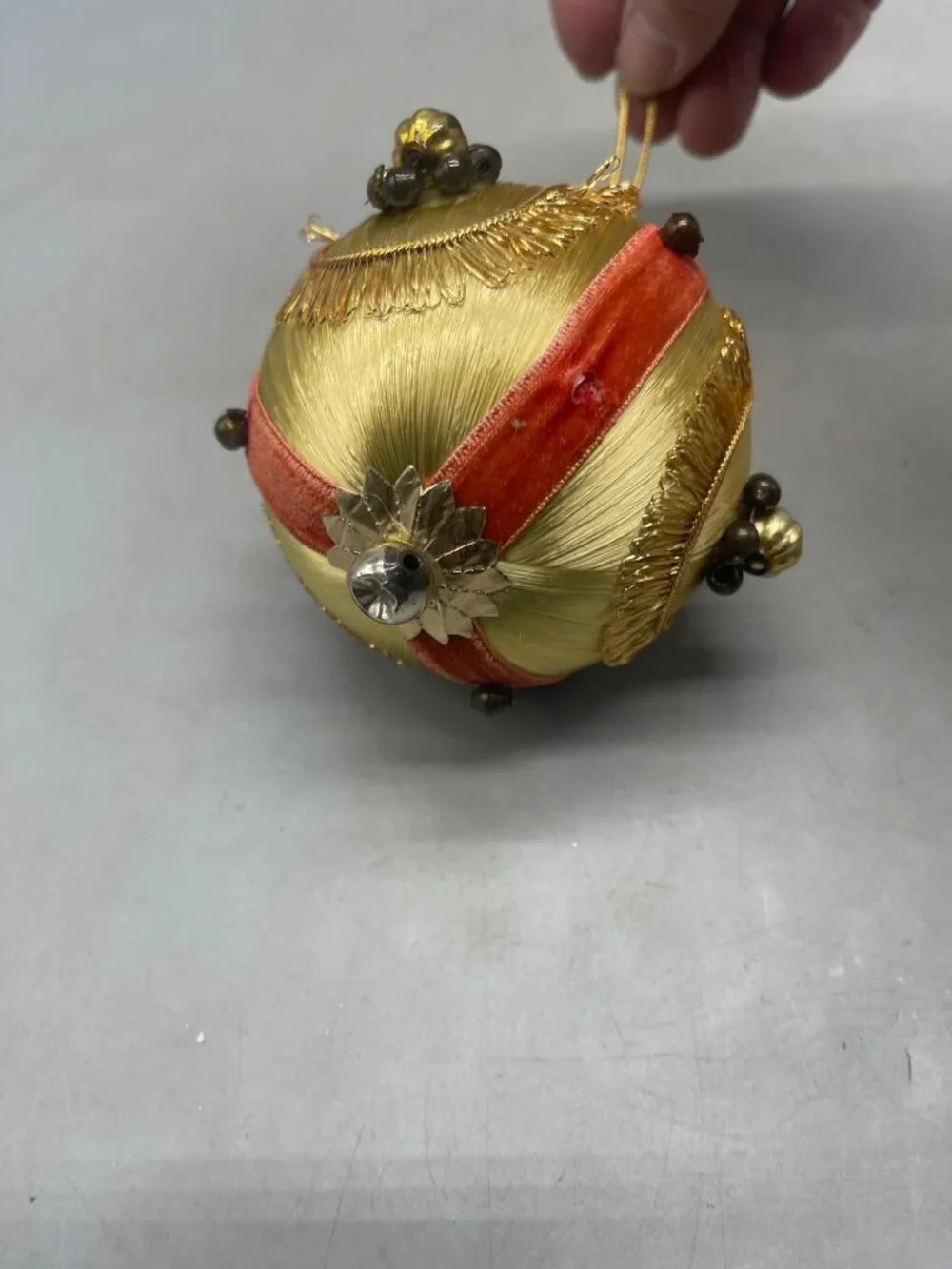 vintage set of 2 silk Christmas ornaments gold pink ribbon embellished felt READ
